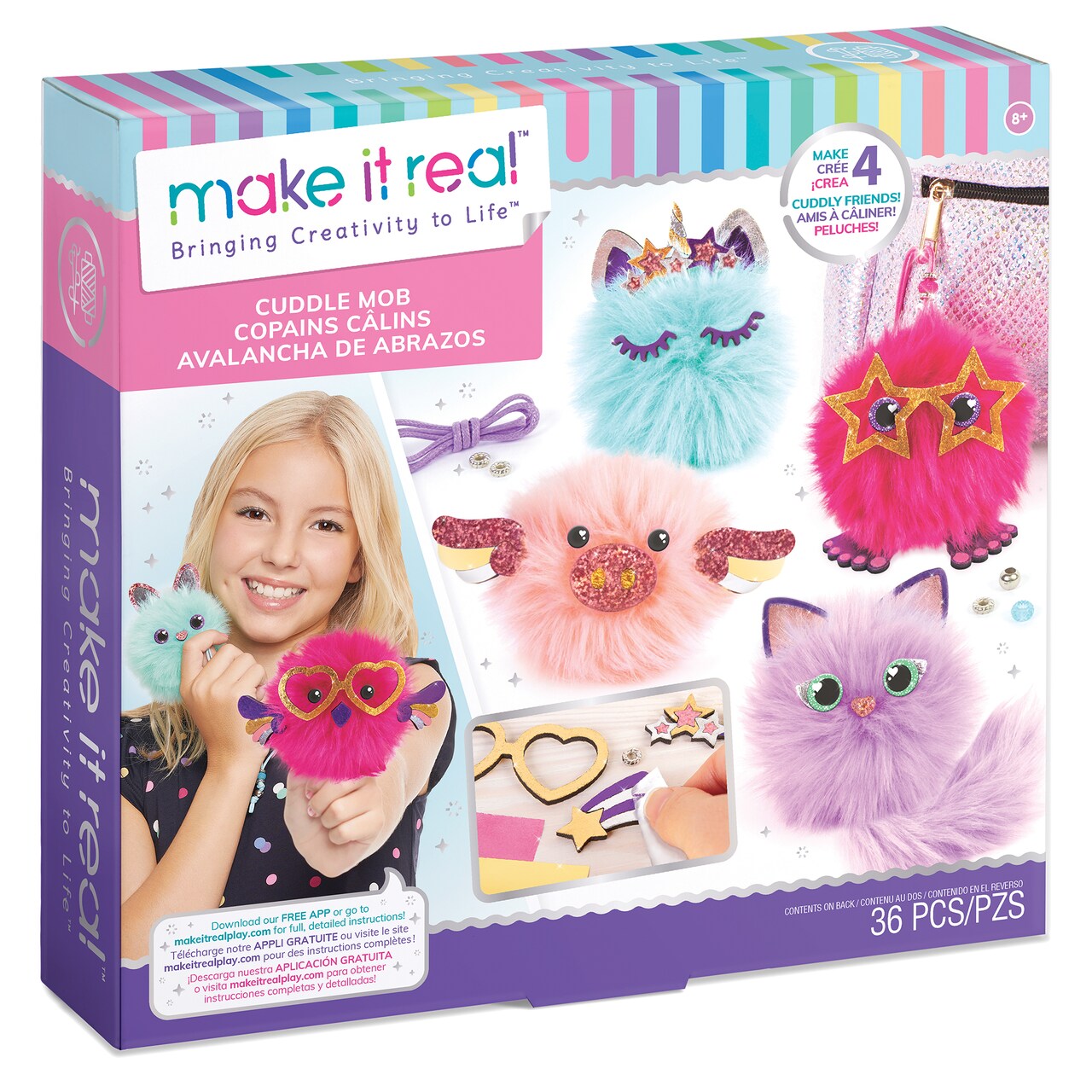 Make It Real: DIY Cuddle Mob - Create 4 Pom Pom Characters, 36 Pieces, Make Plush Furry Companions, All-In-One, DIY Arts & Craft Kit, Tweens & Girls, Kids Ages 8+